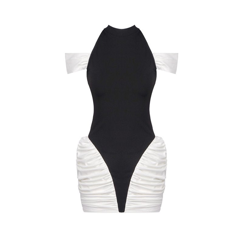 Off-Shoulder Black and White Ruched Mini Dress H6900