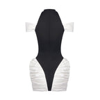 Off-Shoulder Black and White Ruched Mini Dress H6900