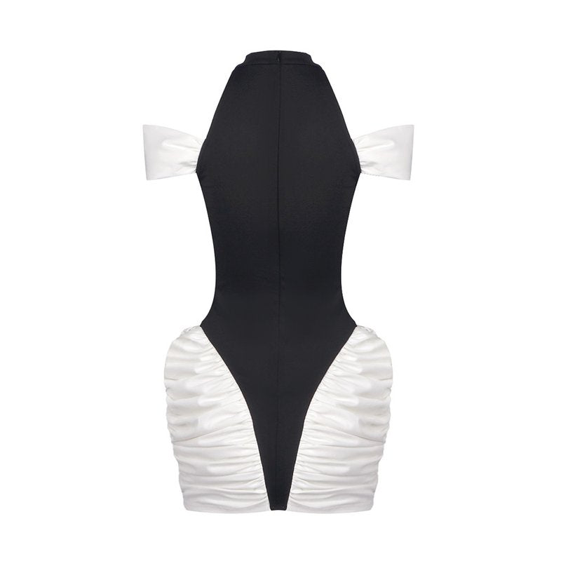 Off-Shoulder Black and White Ruched Mini Dress H6900