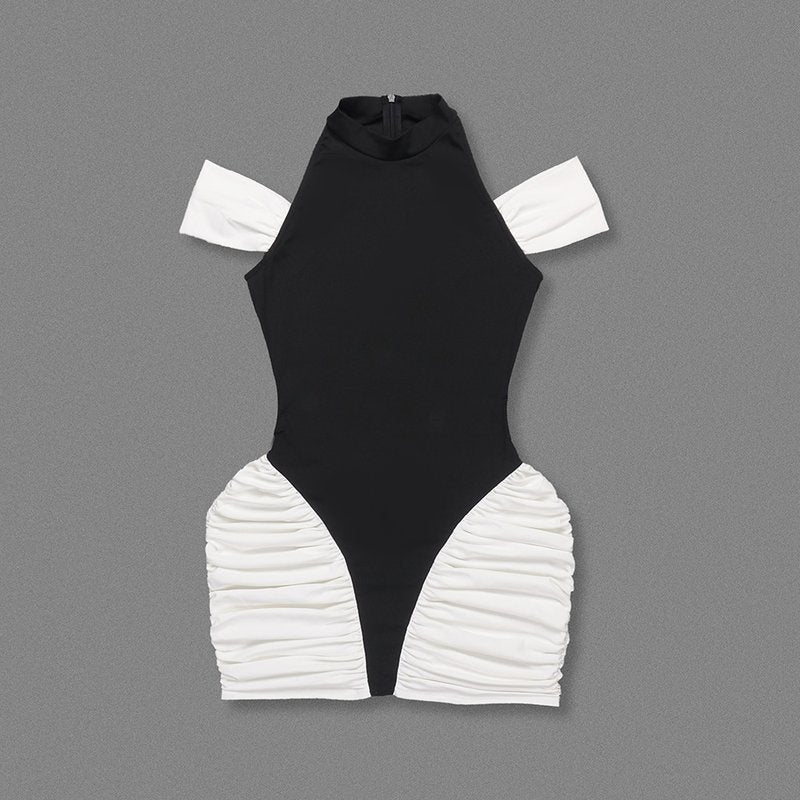 Off-Shoulder Black and White Ruched Mini Dress H6900
