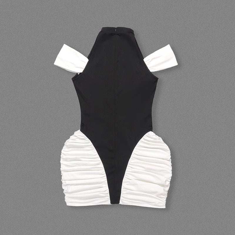Off-Shoulder Black and White Ruched Mini Dress H6900