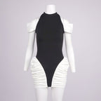 Off-Shoulder Black and White Ruched Mini Dress H6900