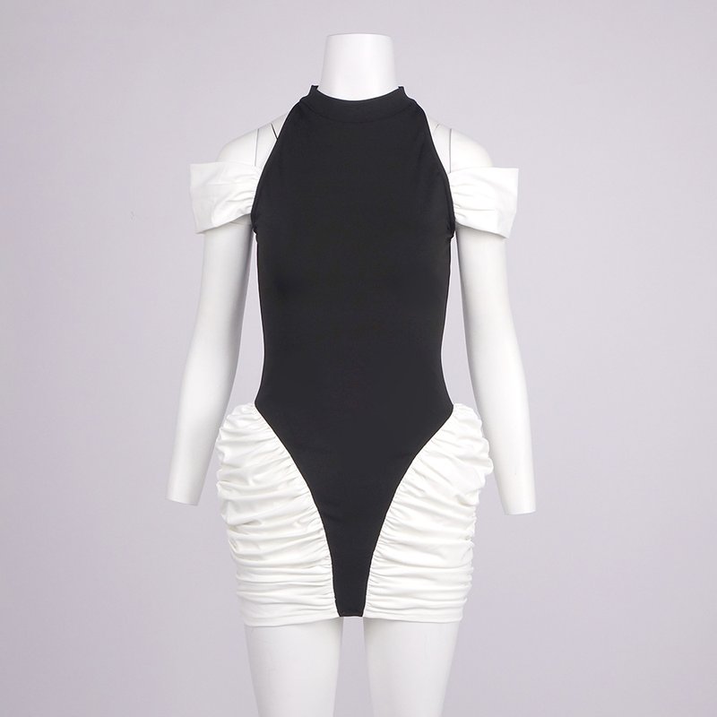 Off-Shoulder Black and White Ruched Mini Dress H6900