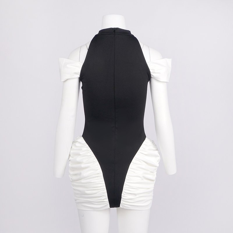 Off-Shoulder Black and White Ruched Mini Dress H6900