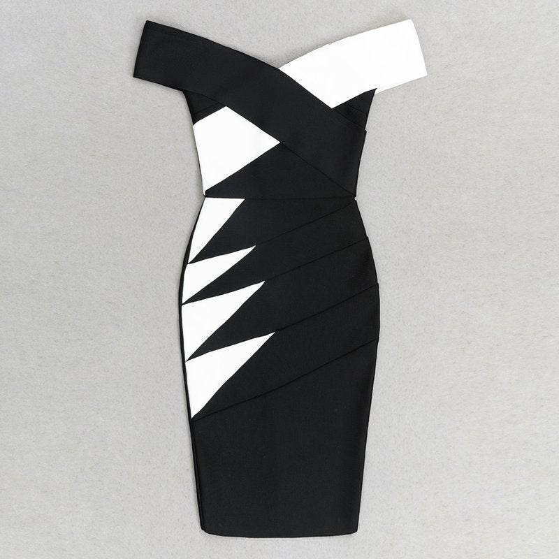 Off Shoulder Black White Bandage Dress H6240