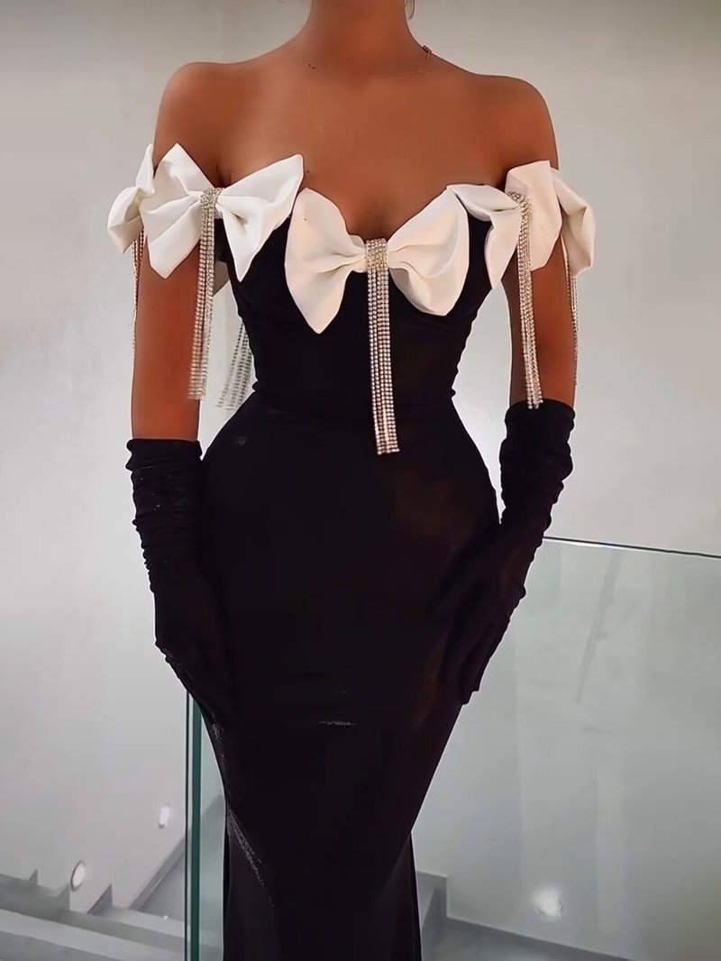 Off-Shoulder Bow Beaded Mermaid Dress H6388