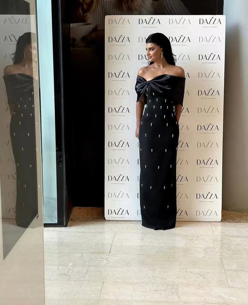 Off-Shoulder Bow Embellished Satin Dress H6574