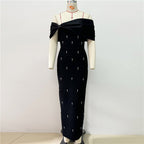 Off-Shoulder Bow Embellished Satin Dress H6574