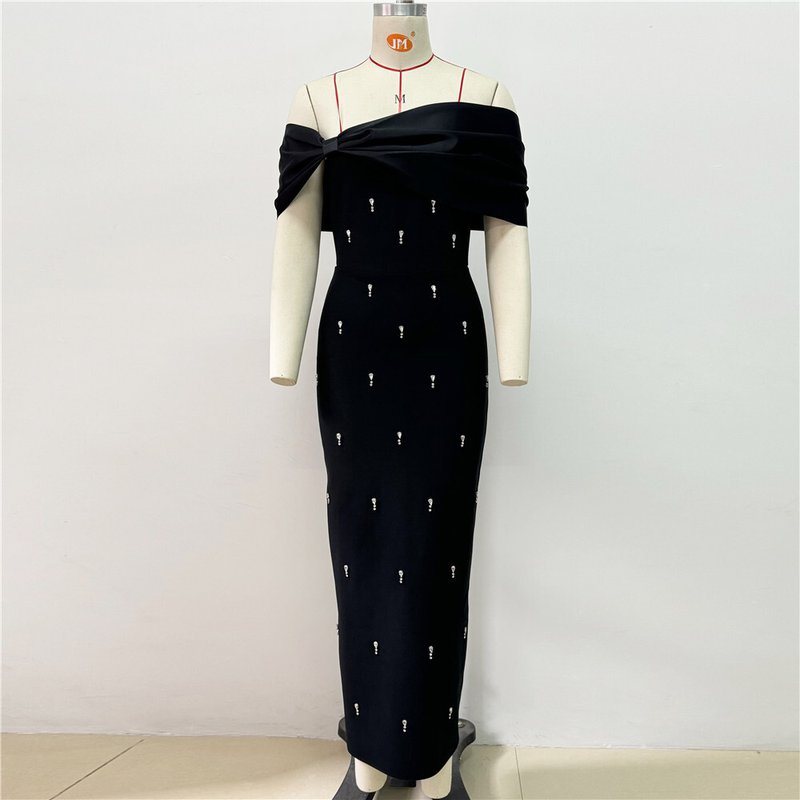 Off-Shoulder Bow Embellished Satin Dress H6574