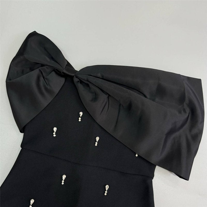Off-Shoulder Bow Embellished Satin Dress H6574