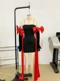 Off-Shoulder Bow Red Ribbon Dress H6205