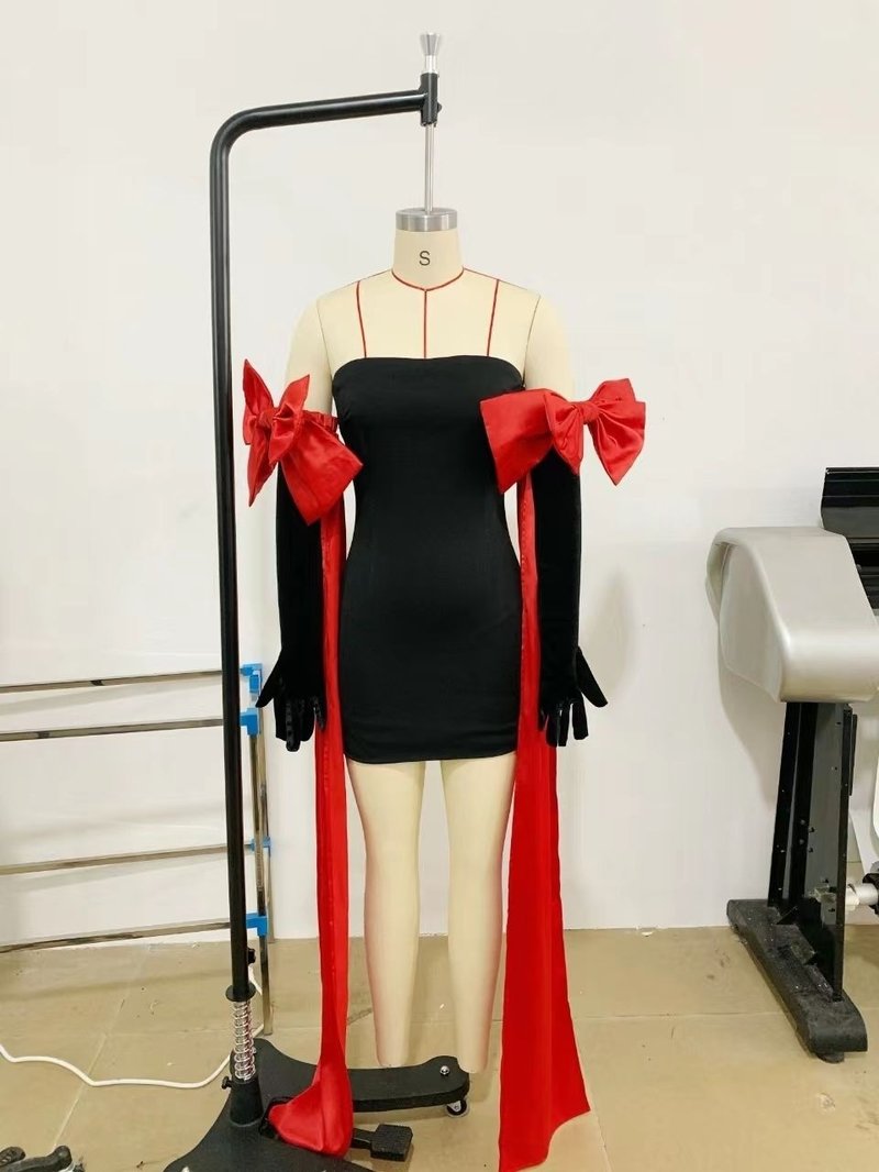 Off-Shoulder Bow Red Ribbon Dress H6205