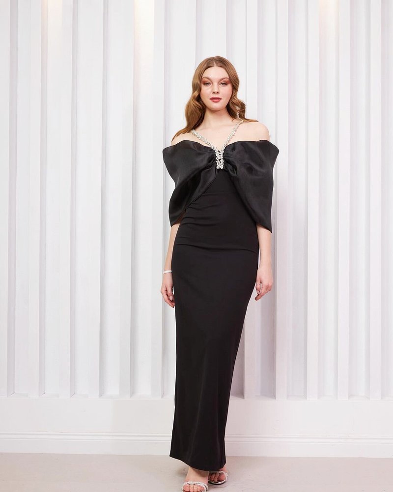 Off Shoulder Bow Satin Maxi Dress H6484