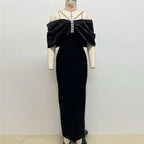 Off Shoulder Bow Satin Maxi Dress H6484