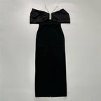 Off Shoulder Bow Satin Maxi Dress H6484