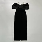 Off Shoulder Bow Satin Maxi Dress H6484