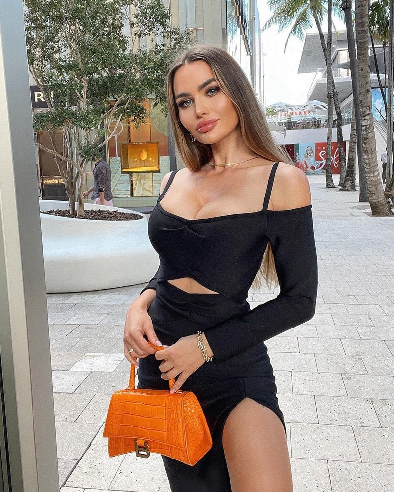 Off Shoulder Cutout Black Bodycon Dress H4115