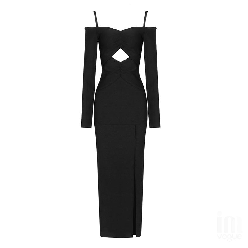 Off Shoulder Cutout Black Bodycon Dress H4115