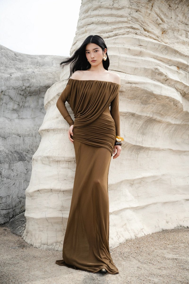 Off-Shoulder Draped Gown H7098