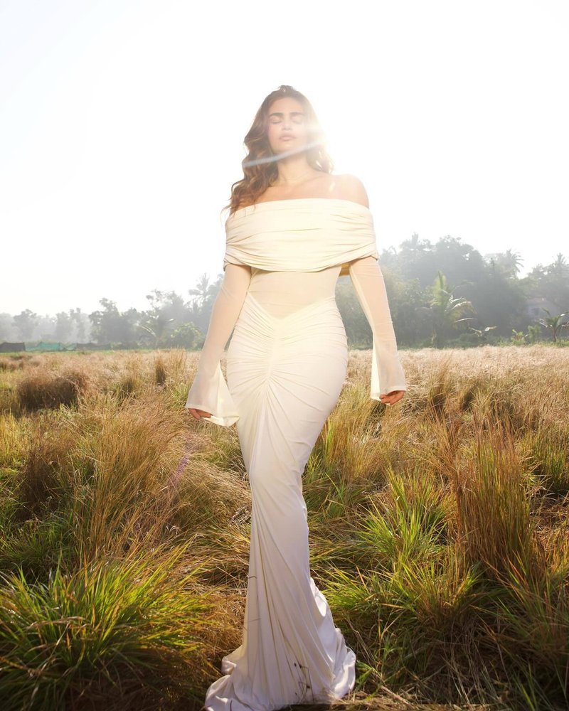 Off-Shoulder Draped Gown with Bell Sleeves H7149