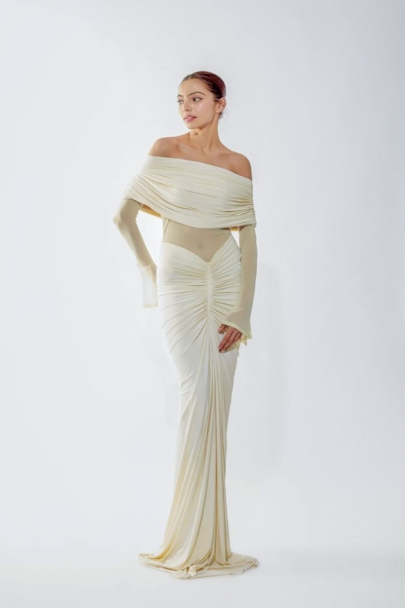Off-Shoulder Draped Gown with Bell Sleeves H7149