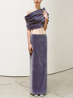 Off-Shoulder Draped Velvet Gown H7044