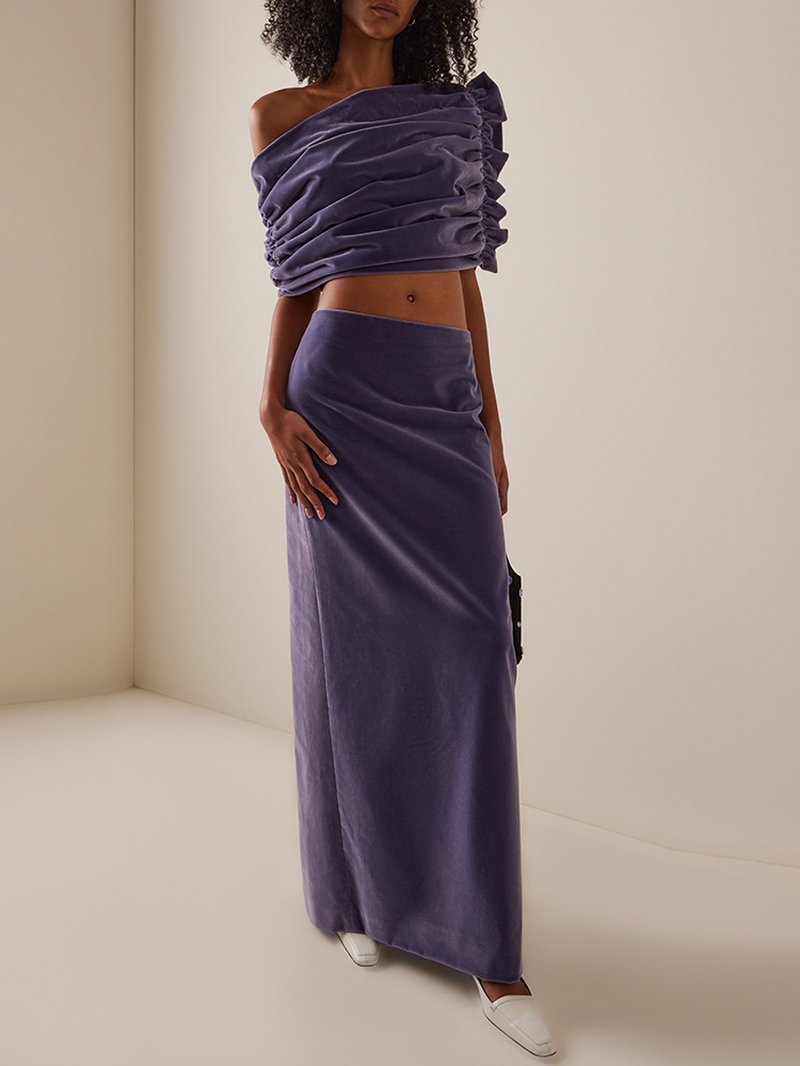 Off-Shoulder Draped Velvet Gown H7044