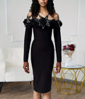Off-Shoulder Embellished Black Midi Dress H6416