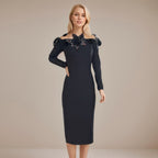 Off-Shoulder Embellished Black Midi Dress H6416