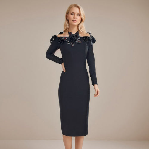 Off-Shoulder Embellished Black Midi Dress H6416