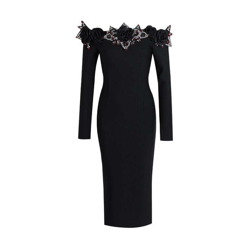 Off-Shoulder Embellished Black Midi Dress H6416