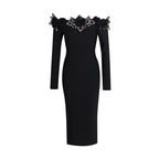Off-Shoulder Embellished Black Midi Dress H6416