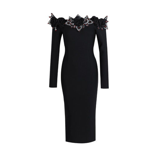 Off-Shoulder Embellished Black Midi Dress H6416