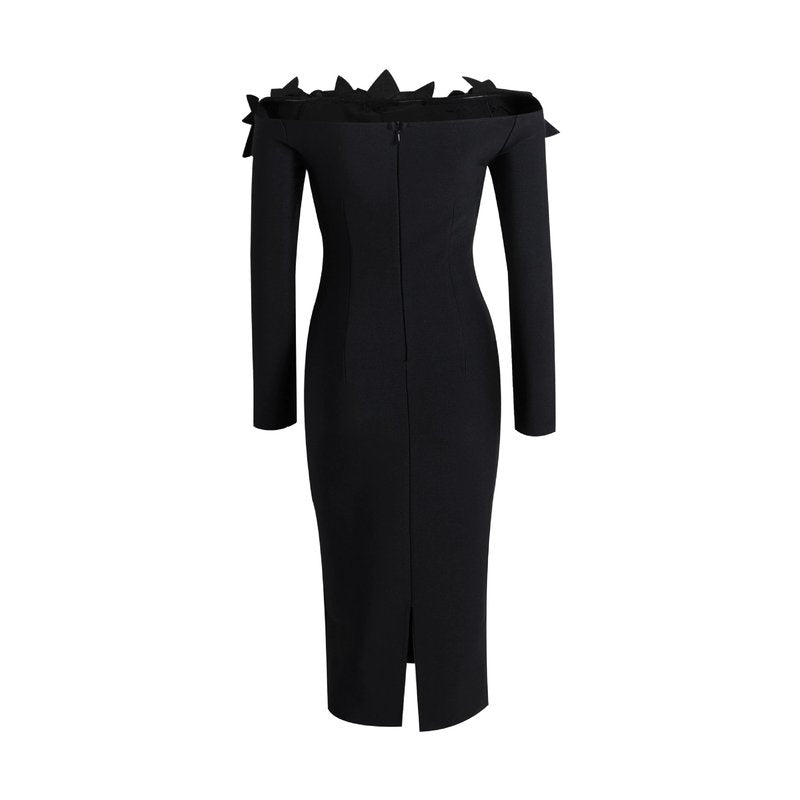 Off-Shoulder Embellished Black Midi Dress H6416