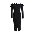 Off-Shoulder Embellished Black Midi Dress H6416