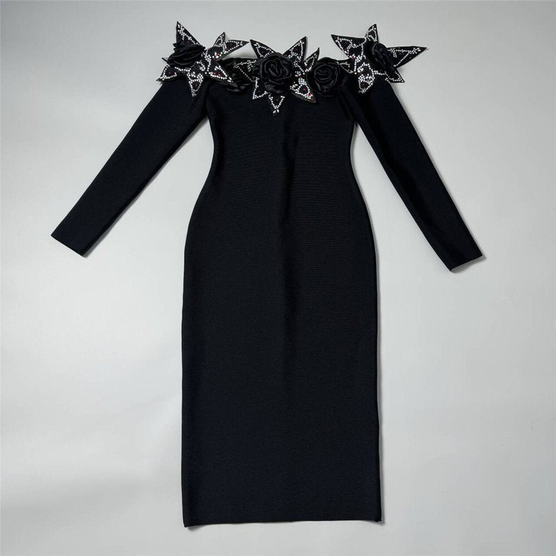 Off-Shoulder Embellished Black Midi Dress H6416