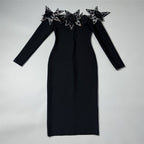 Off-Shoulder Embellished Black Midi Dress H6416
