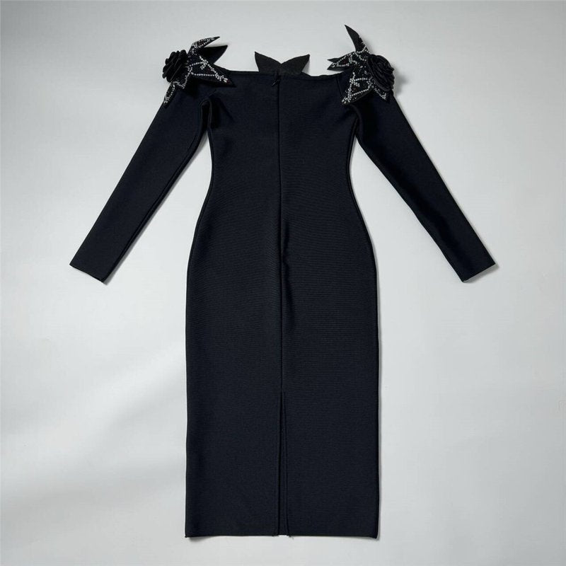 Off-Shoulder Embellished Black Midi Dress H6416