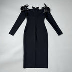 Off-Shoulder Embellished Black Midi Dress H6416