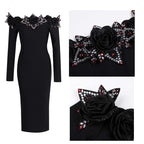 Off-Shoulder Embellished Black Midi Dress H6416