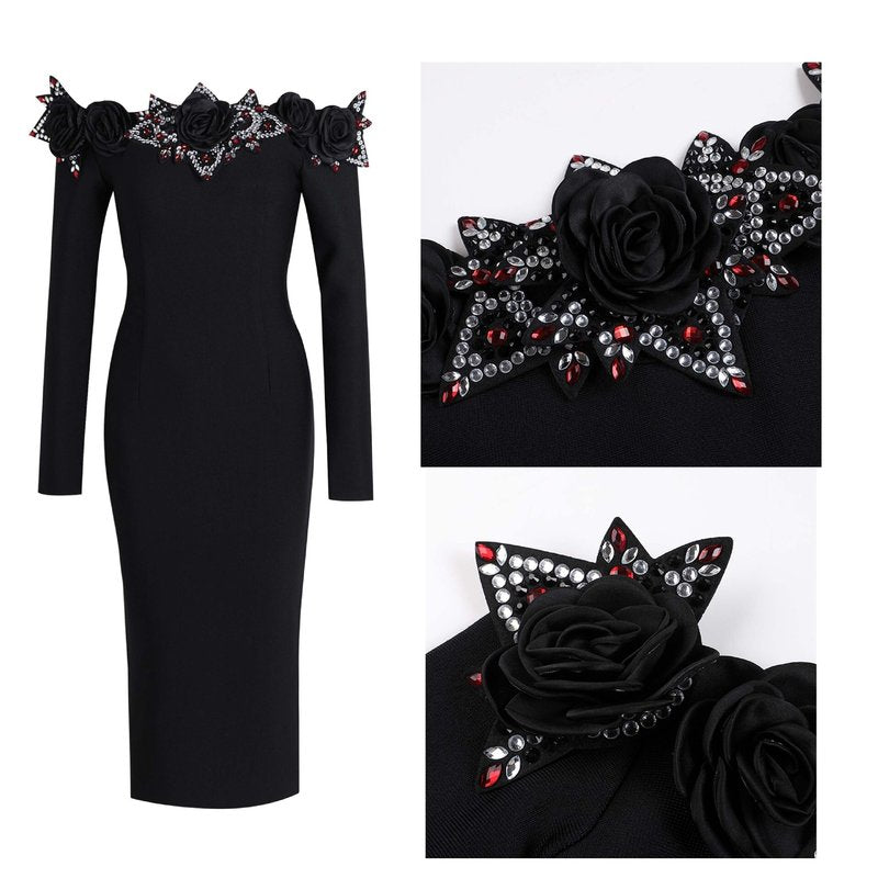 Off-Shoulder Embellished Black Midi Dress H6416