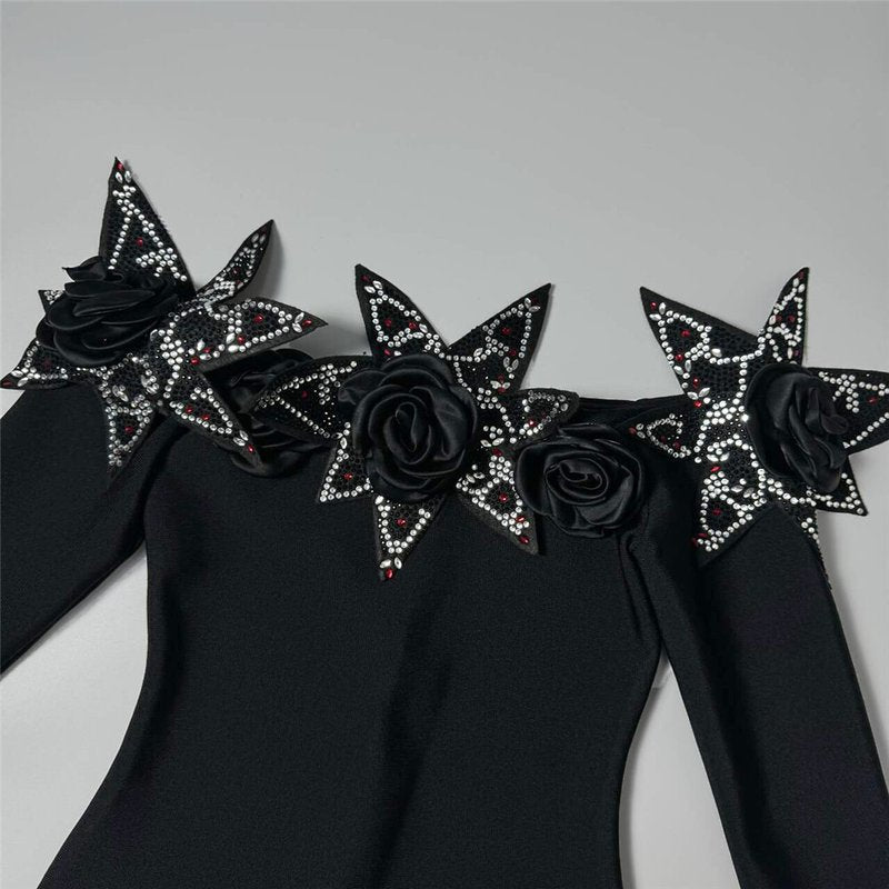Off-Shoulder Embellished Black Midi Dress H6416
