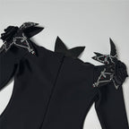 Off-Shoulder Embellished Black Midi Dress H6416