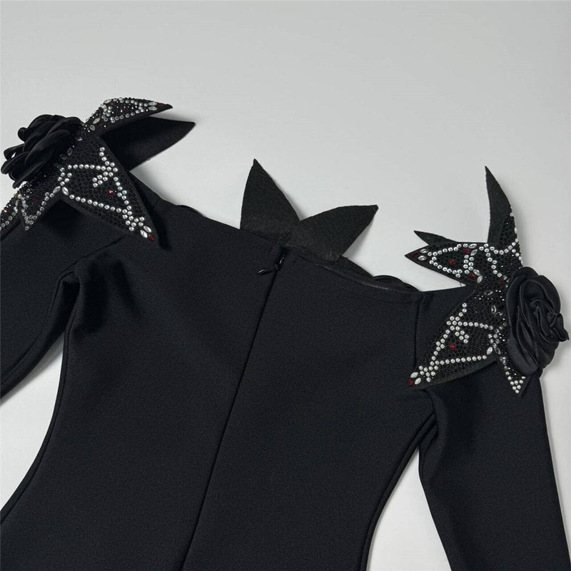Off-Shoulder Embellished Black Midi Dress H6416