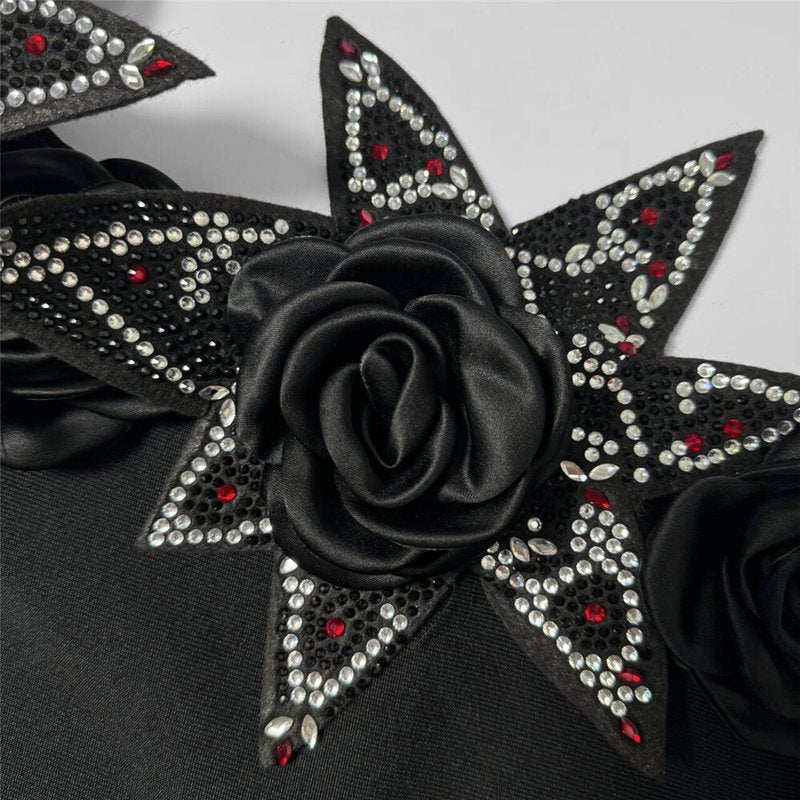 Off-Shoulder Embellished Black Midi Dress H6416