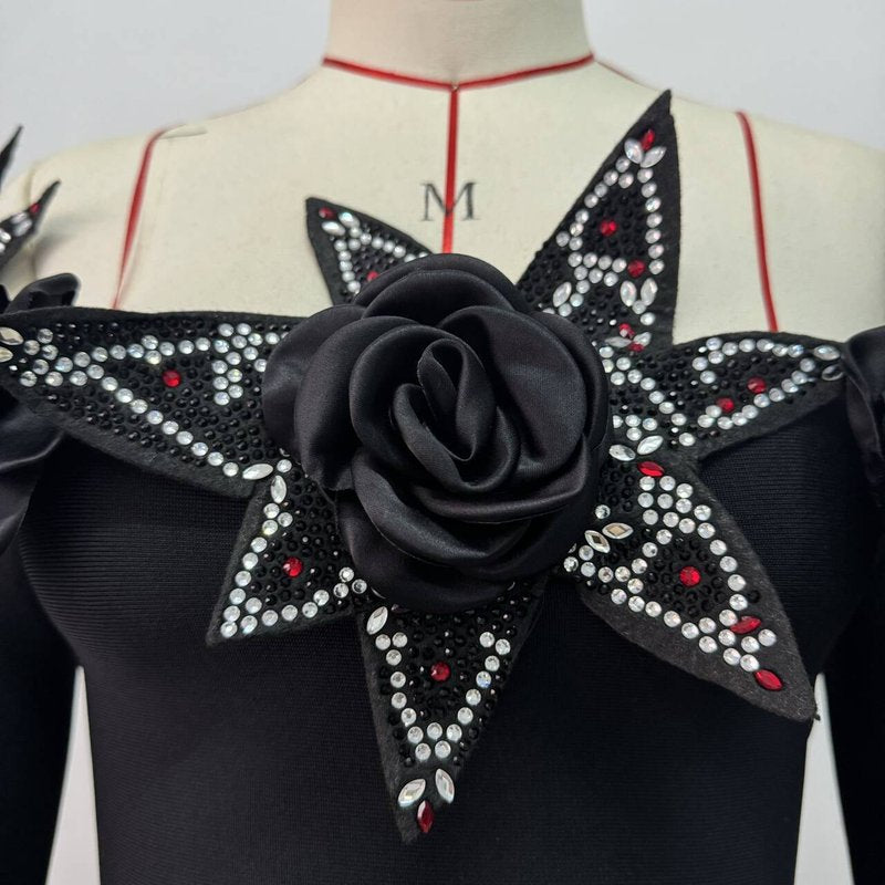 Off-Shoulder Embellished Black Midi Dress H6416