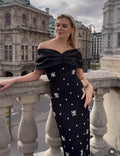 Off-Shoulder Embellished Black Midi Dress H6534