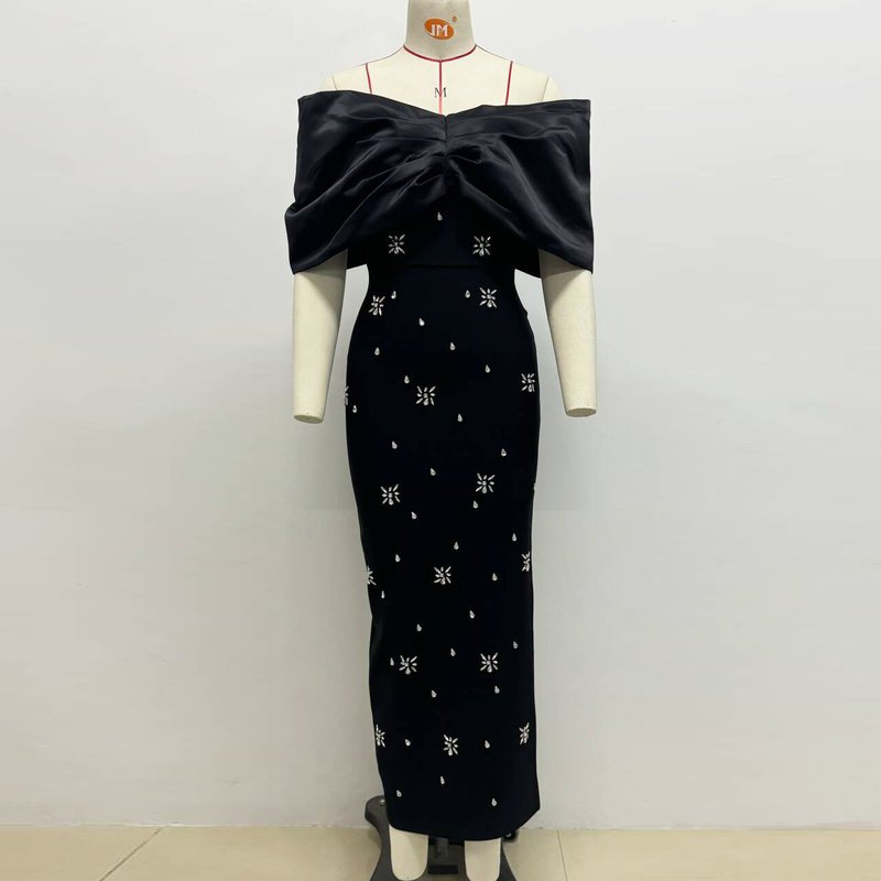 Off-Shoulder Embellished Black Midi Dress H6534