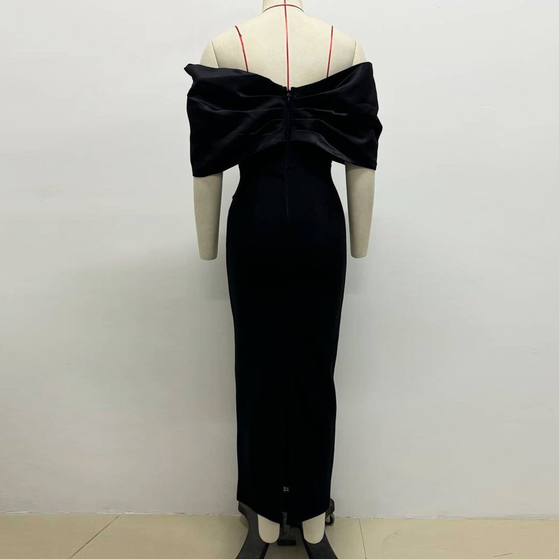 Off-Shoulder Embellished Black Midi Dress H6534