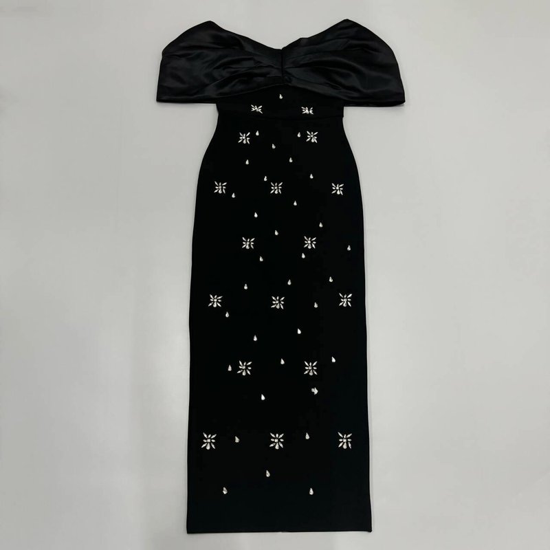 Off-Shoulder Embellished Black Midi Dress H6534